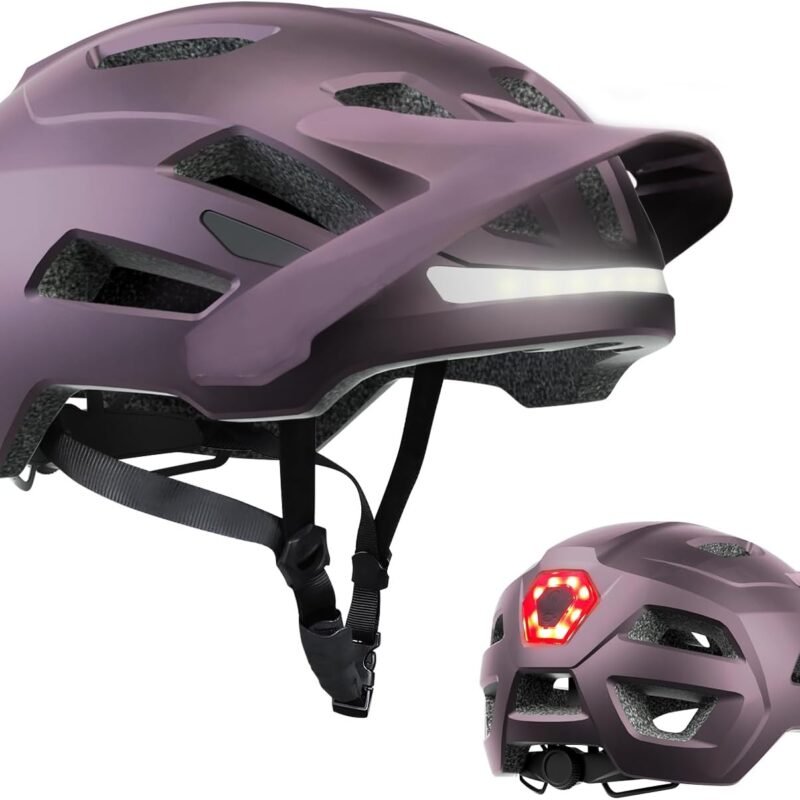 Bike Helmet, Mountain Bike Helmets for Men and Women, Front and Back LED Lights Safe Certified Road Bicycle Helmet with Adjustable Brim