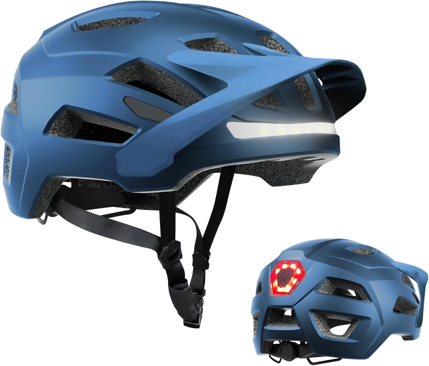 Bike Helmet, Mountain Bike Helmets for Men and Women, Front and Back LED Lights Safe Certified Road Bicycle Helmet with Adjustable Brim