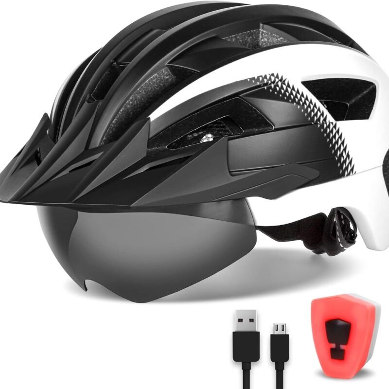 Adult Bike Helmet with Visor and Goggles for Men Women Mountain Road Bicycle Helmet Rechargeable Rear Light Cycling Helmet