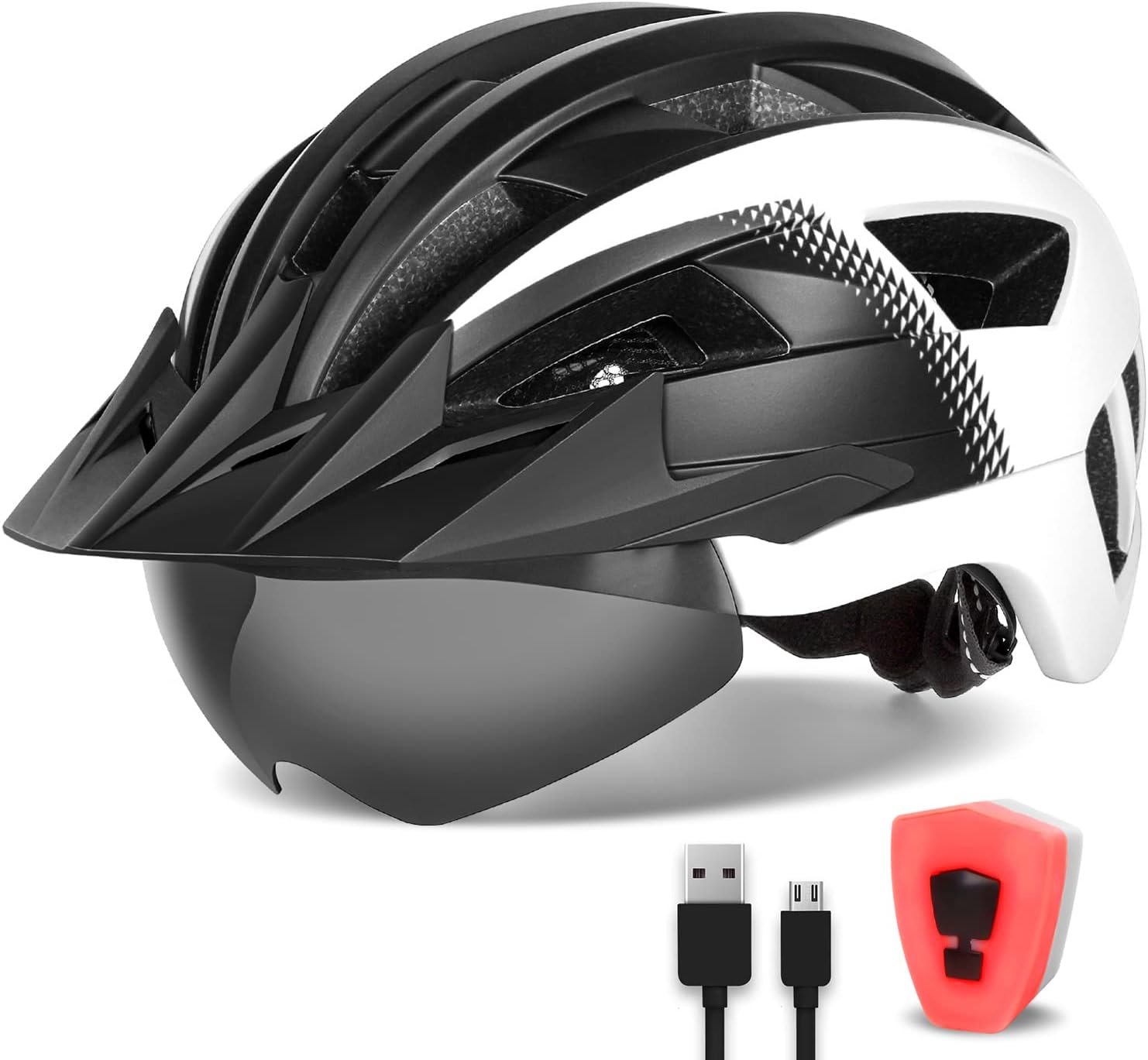 Adult Bike Helmet with Visor and Goggles for Men Women Mountain Road Bicycle Helmet Rechargeable Rear Light Cycling Helmet