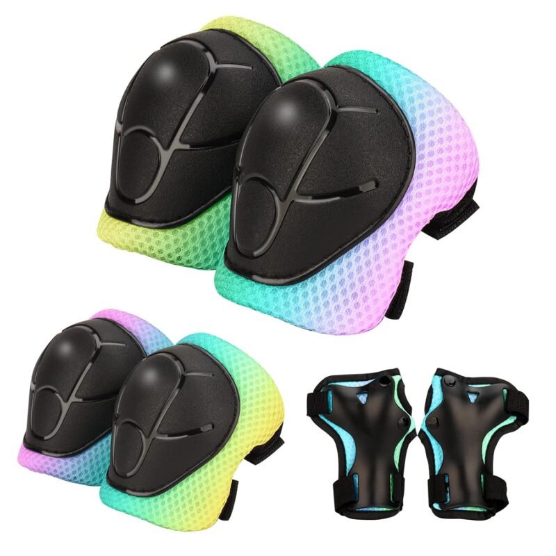 Kids Protective Gear Set - Knee Pads Elbow Pads with Wrist Guards for A 3-15 | 3-in-1 Safety Protective Gear for Skating, Cycling, Biking, Roller Skates, Scooters (Yellow blue pink, ‎S(3-8Years))