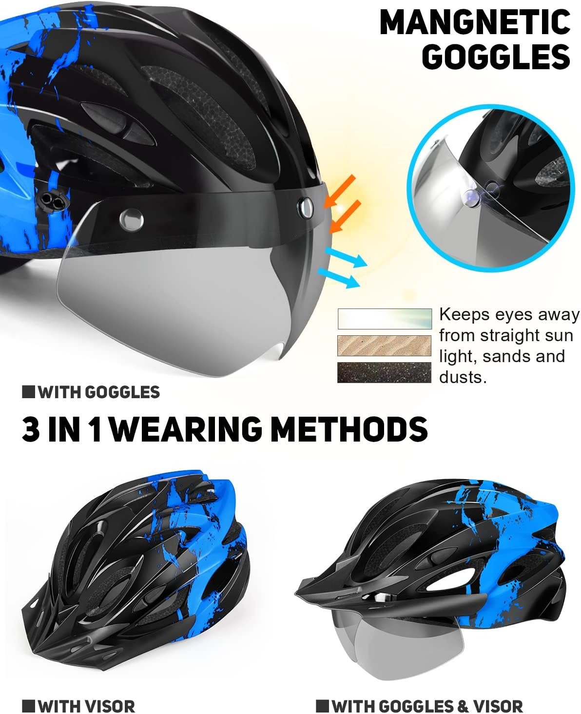 Bike Helmet with USB Rechargeable LED Light Detachable Goggles and Sun Visor, Mountain & Road Bicycle Helmets for Men Women Adult Cycling Helmets - Image 2