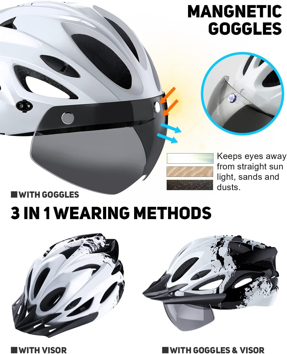 Bike Helmet with USB Rechargeable LED Light Detachable Goggles and Sun Visor, Mountain & Road Bicycle Helmets for Men Women Adult Cycling Helmets - Image 2