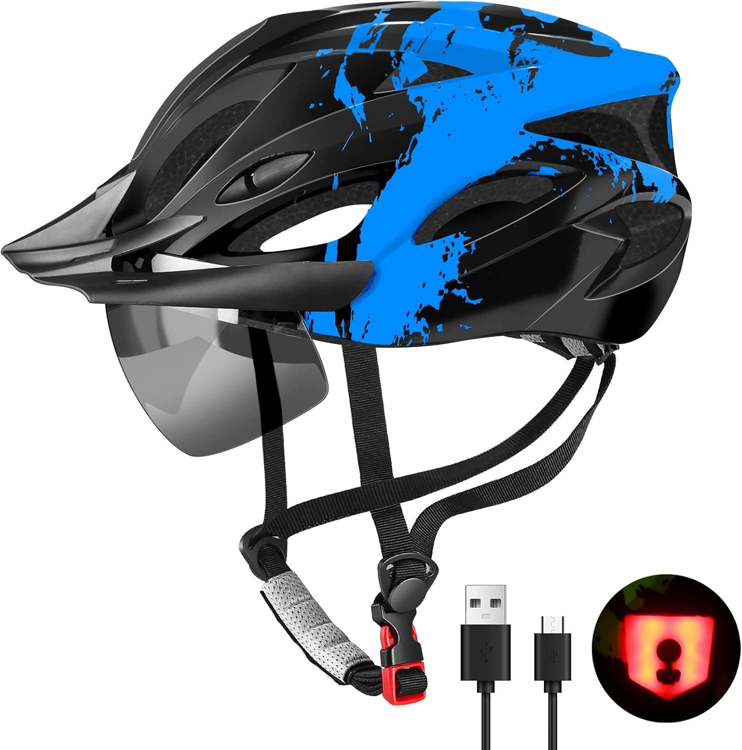 Bike Helmet with USB Rechargeable LED Light Detachable Goggles and Sun Visor, Mountain & Road Bicycle Helmets for Men Women Adult Cycling Helmets
